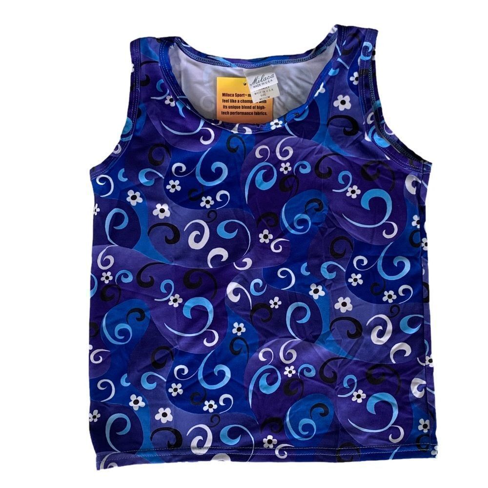 NWT 90's girls active tank top blue white swirl flower medium